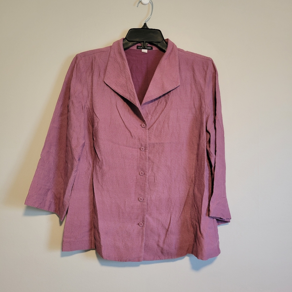 Eileen Fisher Purple Buttom-Down Blouse 3/4 Sleeve Size Small 100% Silk